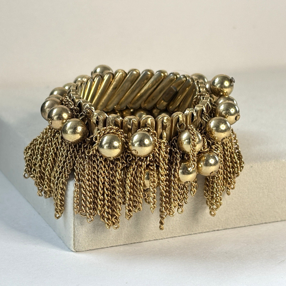 Vtg Trifari Gold Tone Cha Cha Bracelet Chain Fringe Ball Dangle Expansion Wide